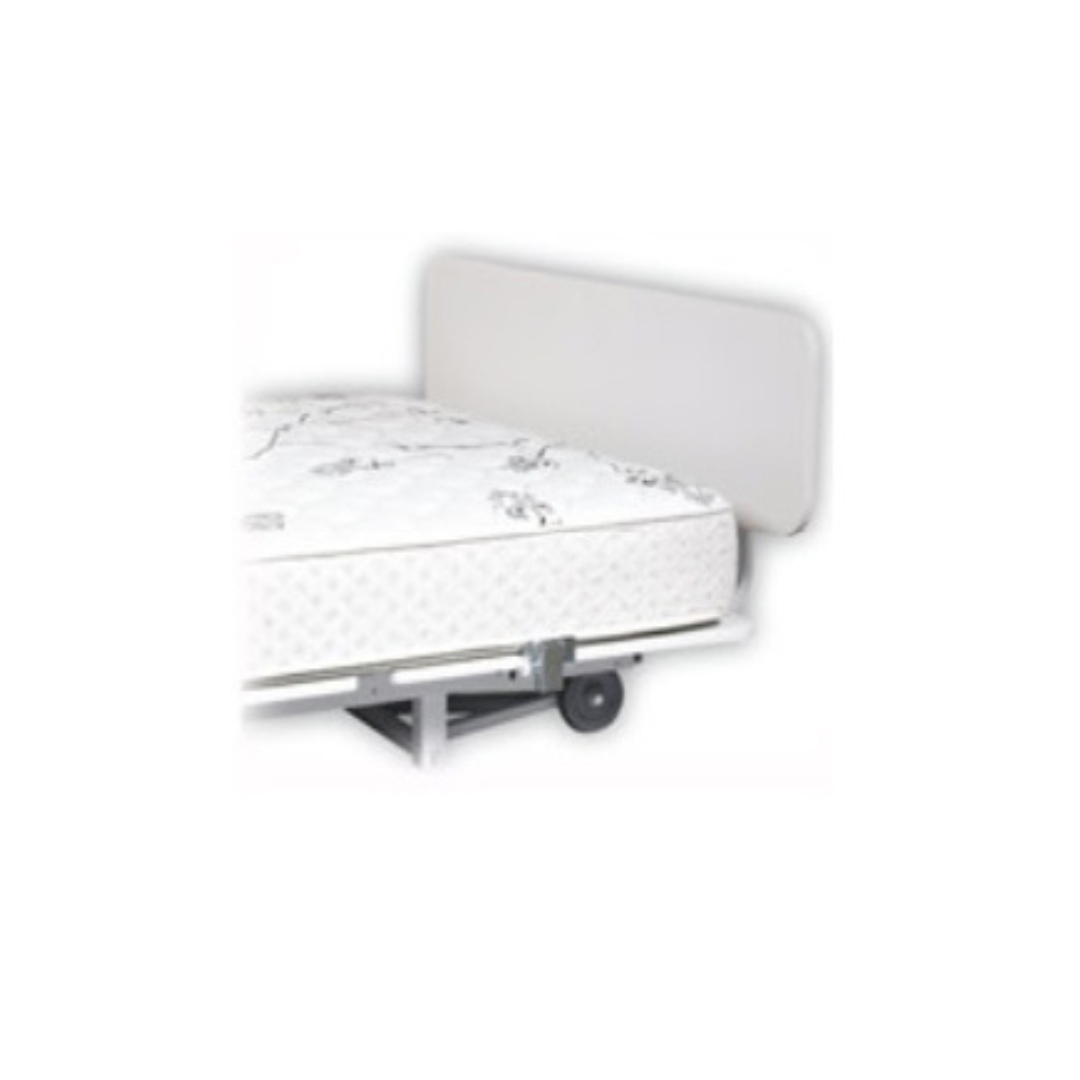 Transfer Master hospital bed with white cushioned footboard and mattress on metal frame with wheels