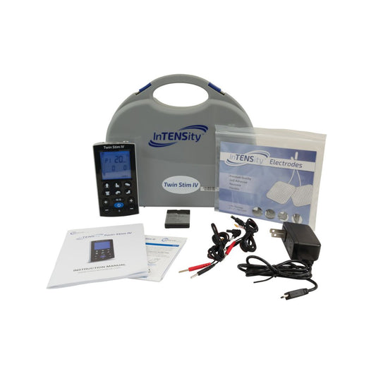 InTENSity Twin Stim IV Tens Unit kit with gray carrying case remote control electrodes leads charger manual