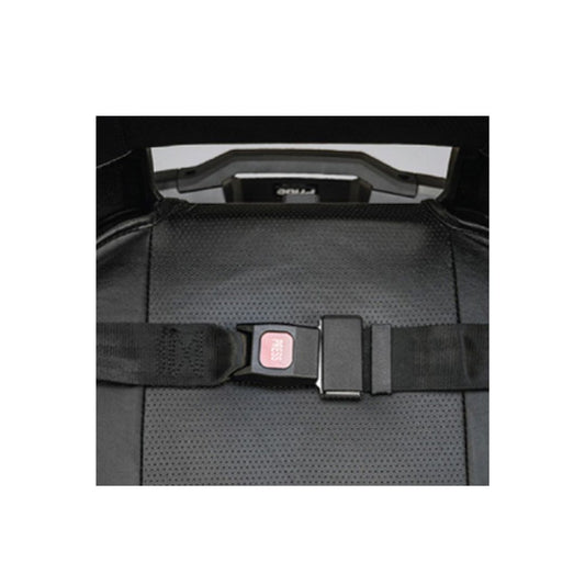 Pride Mobility black Lap Belt with red press button buckle on a perforated black seat