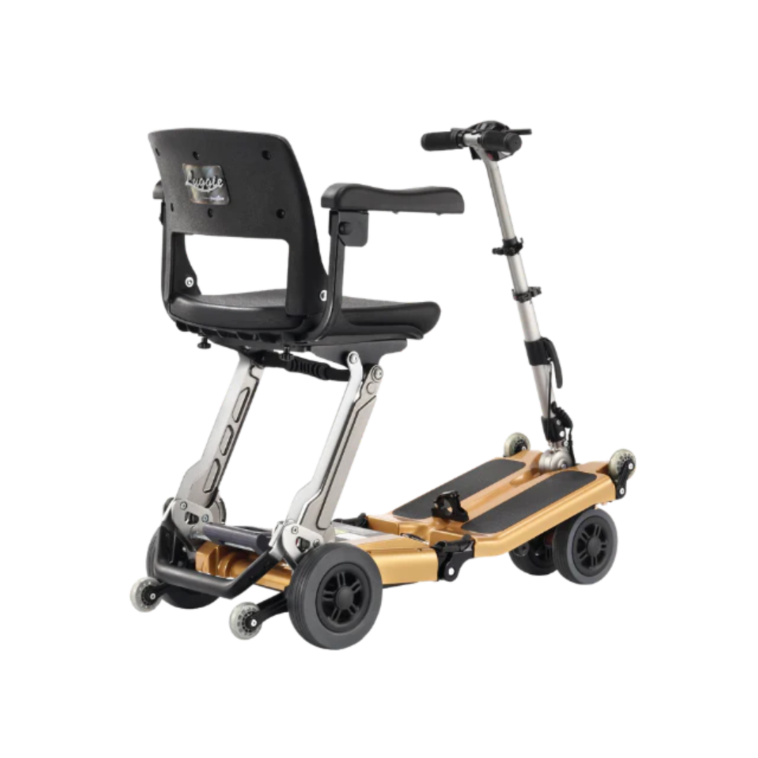 Luggie Golden Elite Travel Mobility Scooter with a compact design for easy maneuvering and storage