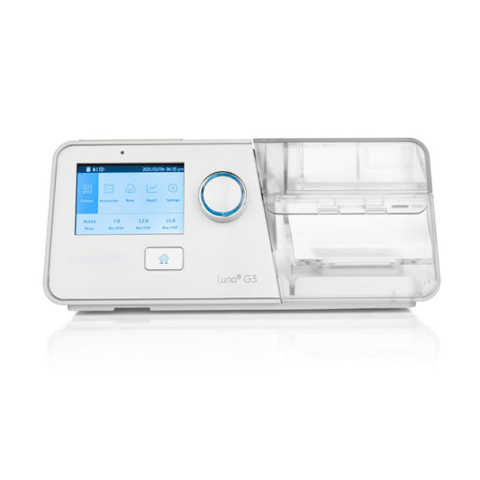 React Health Luna G3 BPAP 25A machine with digital screen and clear water chamber for sleep therapy