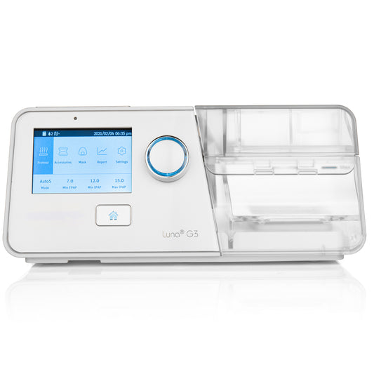 React Health Luna G3 BPAP machine with digital display and humidifier chamber for respiratory therapy