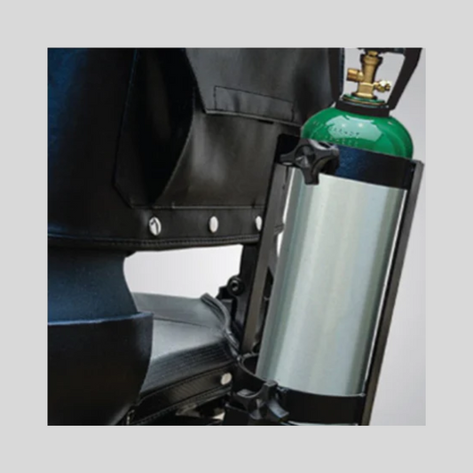 Pride Mobility oxygen tank holder securely attached to wheelchair holding a green oxygen cylinder