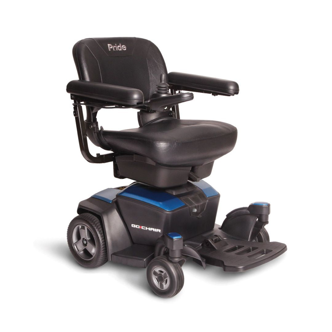 Pride Go Chair by Pride Mobility black electric mobility wheelchair with padded seat and armrests