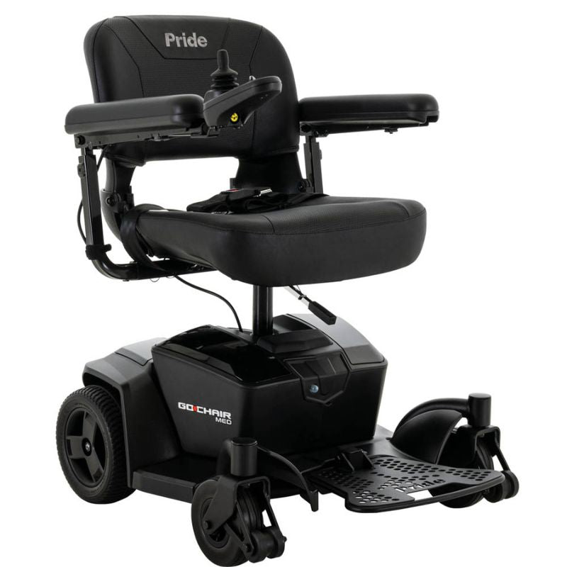 Pride Mobility Go Chair MED compact electric wheelchair with black cushioned seat and joystick control