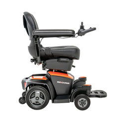 Side view of Pride Go Chair electric mobility scooter with black seat and orange accents