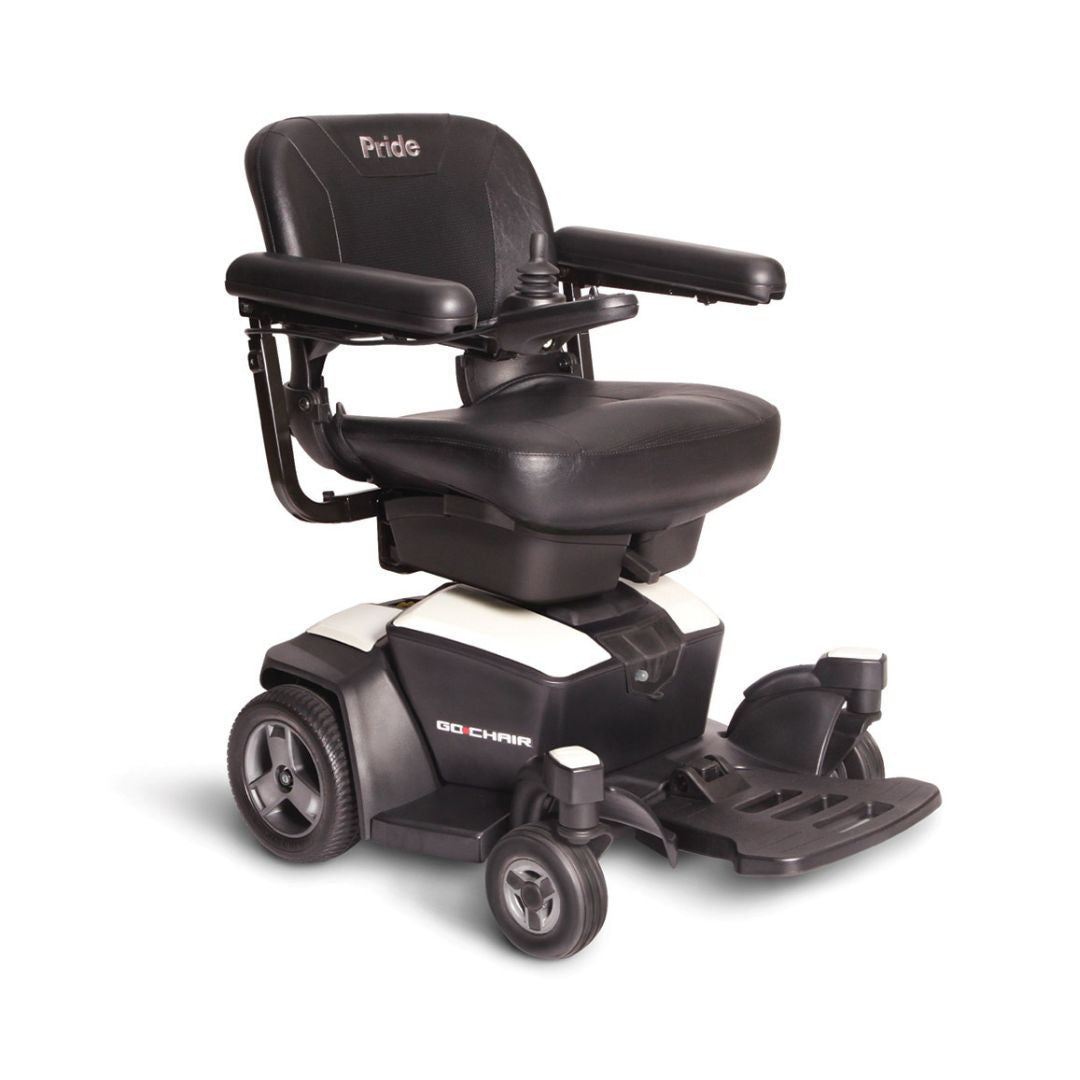 Pride Mobility Pride Go Chair compact black power wheelchair with cushioned seat and adjustable armrests