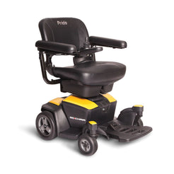 Pride Go Chair electric mobility scooter with black cushioned seat and yellow accents