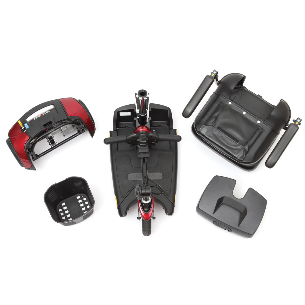 Disassembled parts of Pride Mobility Go Go Elite Traveller 3-Wheel Mobility Scooter shown from above
