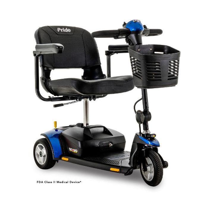 Pride Mobility Go Go Elite Traveller 3-Wheel Mobility Scooter with black seat and front storage basket