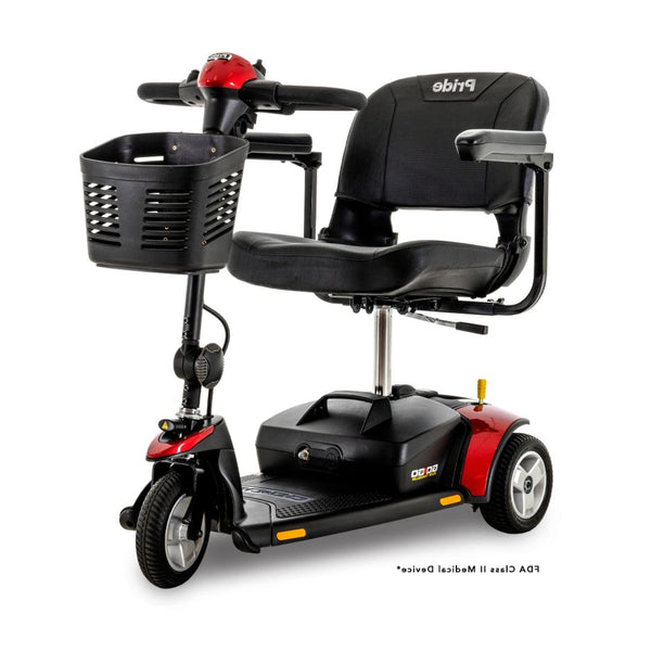 Pride Mobility Go Go Elite Traveller 3-Wheel Mobility Scooter in red and black with front basket and padded seat