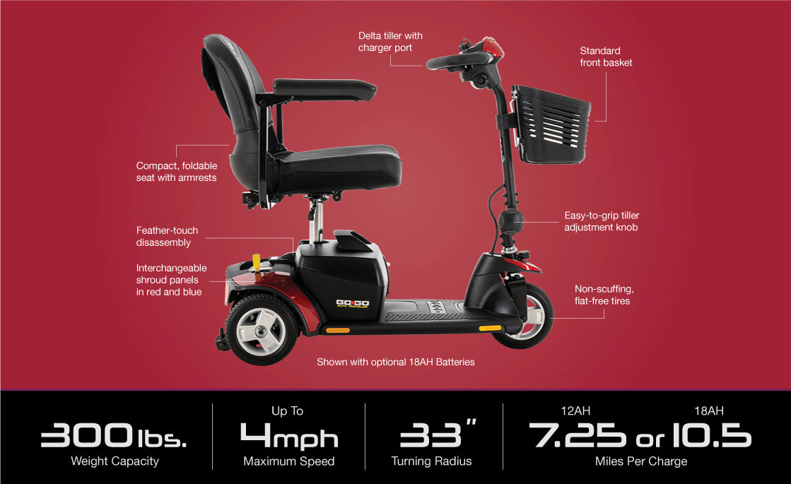 Pride Mobility Go Go Elite Traveller 3-Wheel Mobility Scooter with foldable seat and front basket