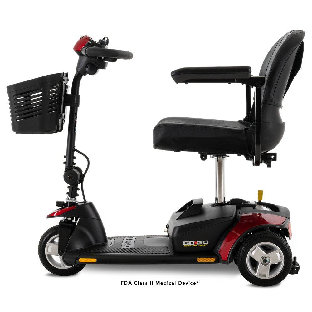 Pride Mobility Go Go Elite Traveller 3-Wheel Mobility Scooter with black seat and front basket