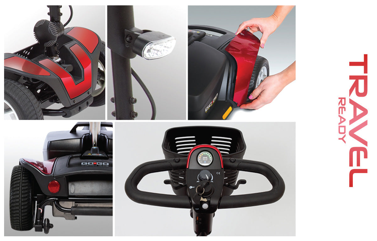 Pride Mobility Go-Go Sport 4 Wheel mobility scooter detailed views of tires, controls, front light, and removable panels