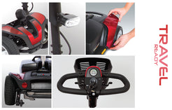 Pride Mobility Go-Go Sport 4 Wheel mobility scooter detailed views of tires, controls, front light, and removable panels