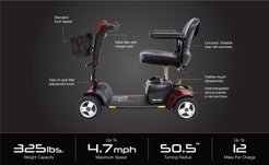 Pride Mobility Go-Go Sport 4 Wheel scooter with foldable seat, front basket, and up to 12 miles per charge