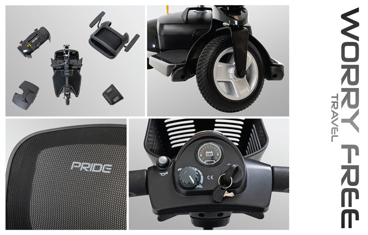 Pride Mobility Go Go Ultra X 3-Wheel Mobility Scooter close-up of seat, wheel, controls, and disassembled parts
