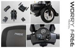 Pride Mobility Go Go Ultra X 3-Wheel Mobility Scooter close-up of seat, wheel, controls, and disassembled parts