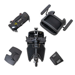 Disassembled parts of Go Go Ultra X 3-Wheel Mobility Scooter by Pride Mobility shown from above