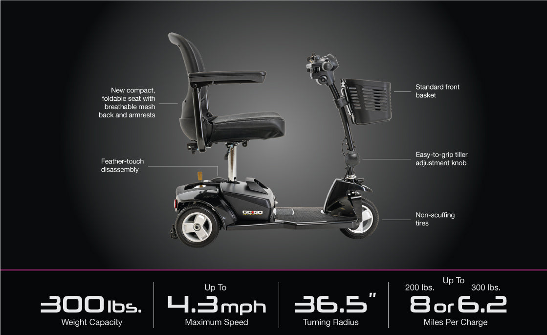 Pride Mobility Go Go Ultra X 3-Wheel Mobility Scooter with foldable seat and front basket