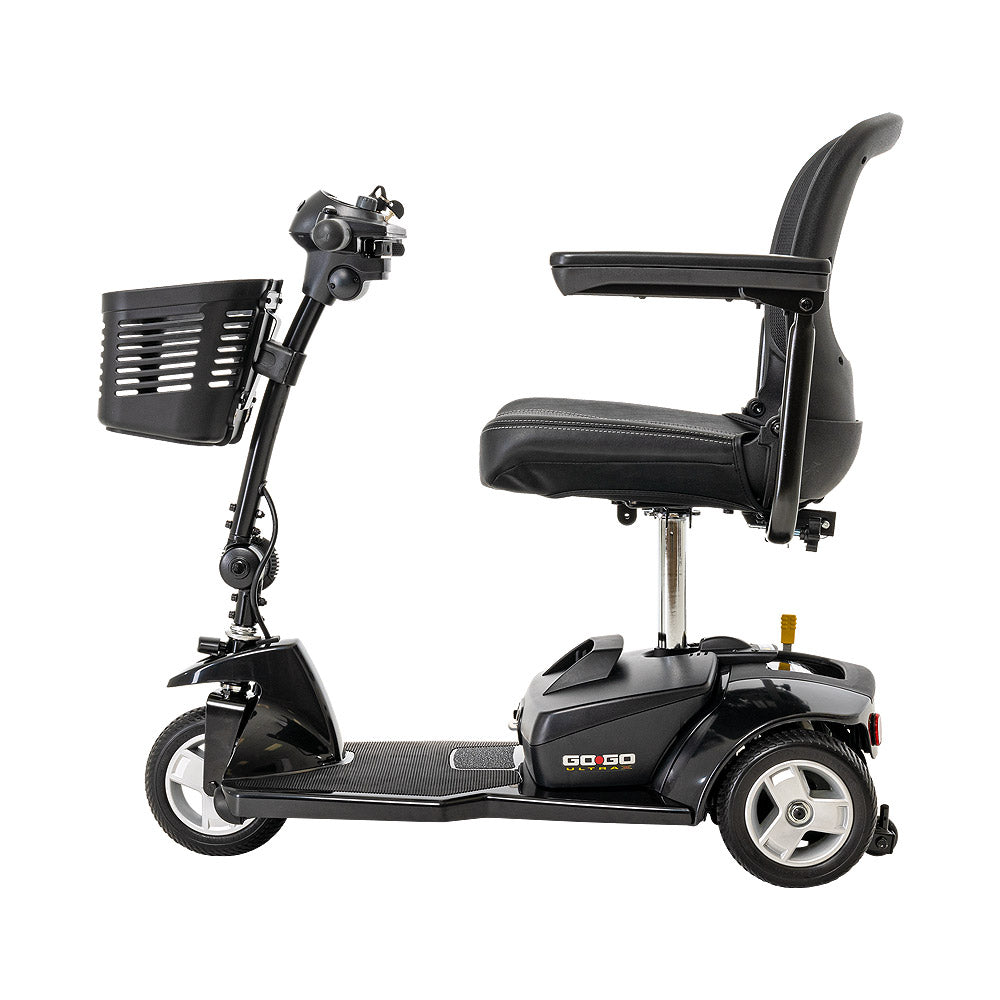 Pride Mobility Go Go Ultra X 3-Wheel Mobility Scooter in black with front basket and adjustable seat