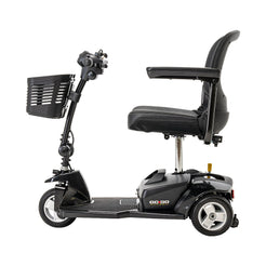 Pride Mobility Go Go Ultra X 3-Wheel Mobility Scooter in black with front basket and adjustable seat