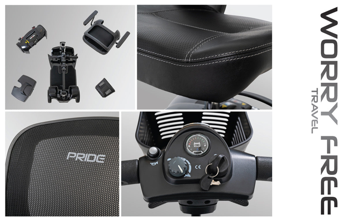 Pride Mobility Go Go Ultra X 4 Wheel Mobility Scooter black seat, control panel, and parts close-up