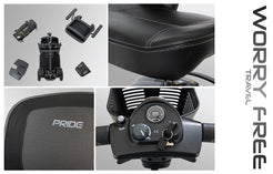 Pride Mobility Go Go Ultra X 4 Wheel Mobility Scooter black seat, control panel, and parts close-up