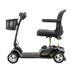 Pride Mobility Go Go Ultra X 4 Wheel Mobility Scooter in black with cushioned seat and front basket