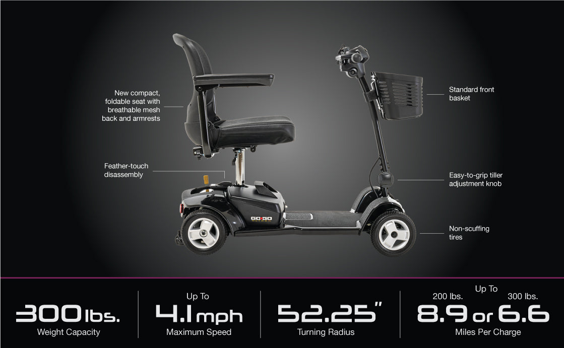 Pride Mobility Go Go Ultra X 4 Wheel Mobility Scooter showing compact foldable seat and front basket features