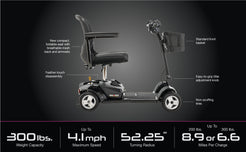 Pride Mobility Go Go Ultra X 4 Wheel Mobility Scooter showing compact foldable seat and front basket features