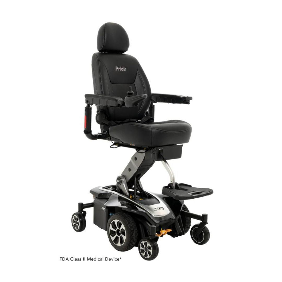 Pride Jazzy Air 2 Elevating Power Chair by Pride Mobility with black cushioned seat and adjustable armrests