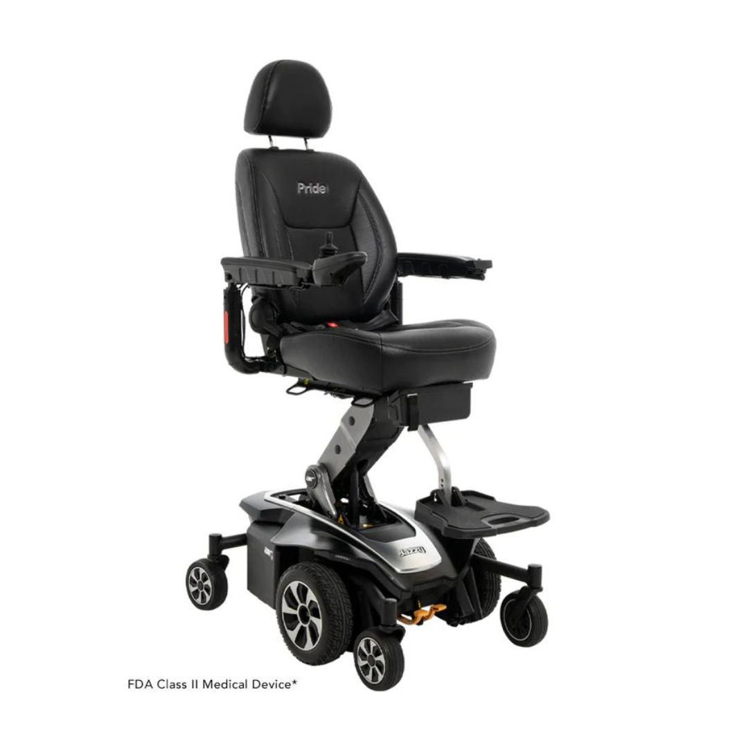 Pride Jazzy Air 2 Elevating Power Chair by Pride Mobility with black cushioned seat and adjustable headrest