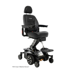 Pride Jazzy Air 2 Elevating Power Chair by Pride Mobility with black cushioned seat and adjustable headrest