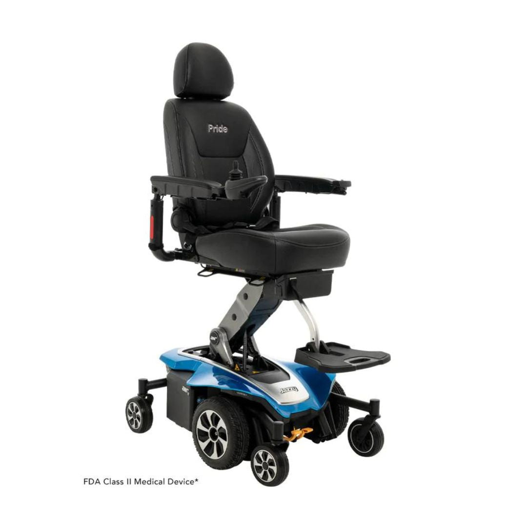 Pride Jazzy Air 2 Elevating Power Chair by Pride Mobility with black seat and blue base