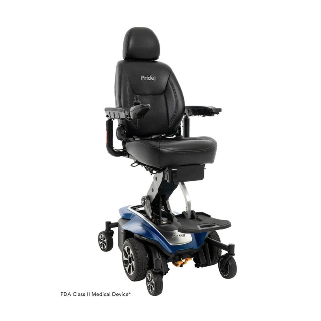 Pride Jazzy Air 2 Elevating Power Chair with black leather seat and blue base by Pride Mobility