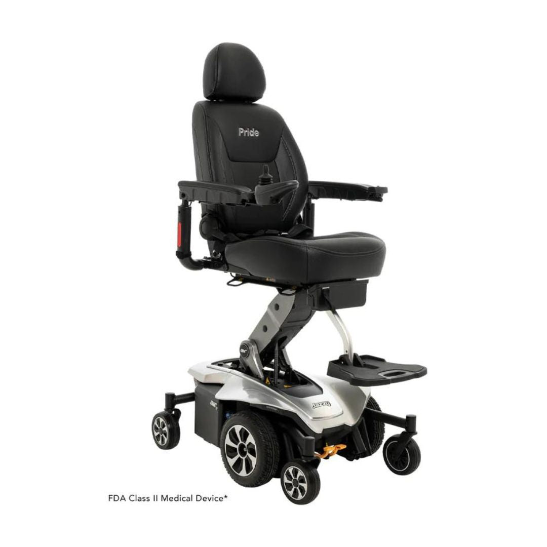 Pride Jazzy Air 2 Elevating Power Chair by Pride Mobility in black with adjustable armrests and padded seat