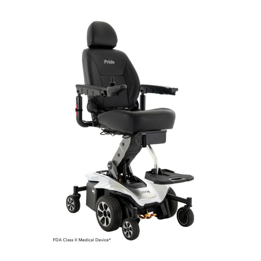 Pride Jazzy Air 2 Elevating Power Chair by Pride Mobility with black padded seat and adjustable armrests