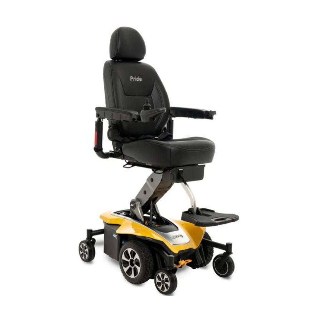 Pride Jazzy Air 2 Elevating Power Chair in black and yellow with adjustable seat and armrests