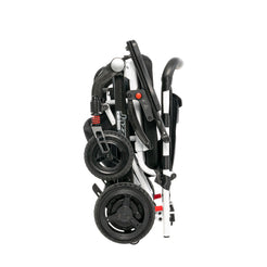 Folded Pride Jazzy Carbon lightweight electric wheelchair with black and white frame