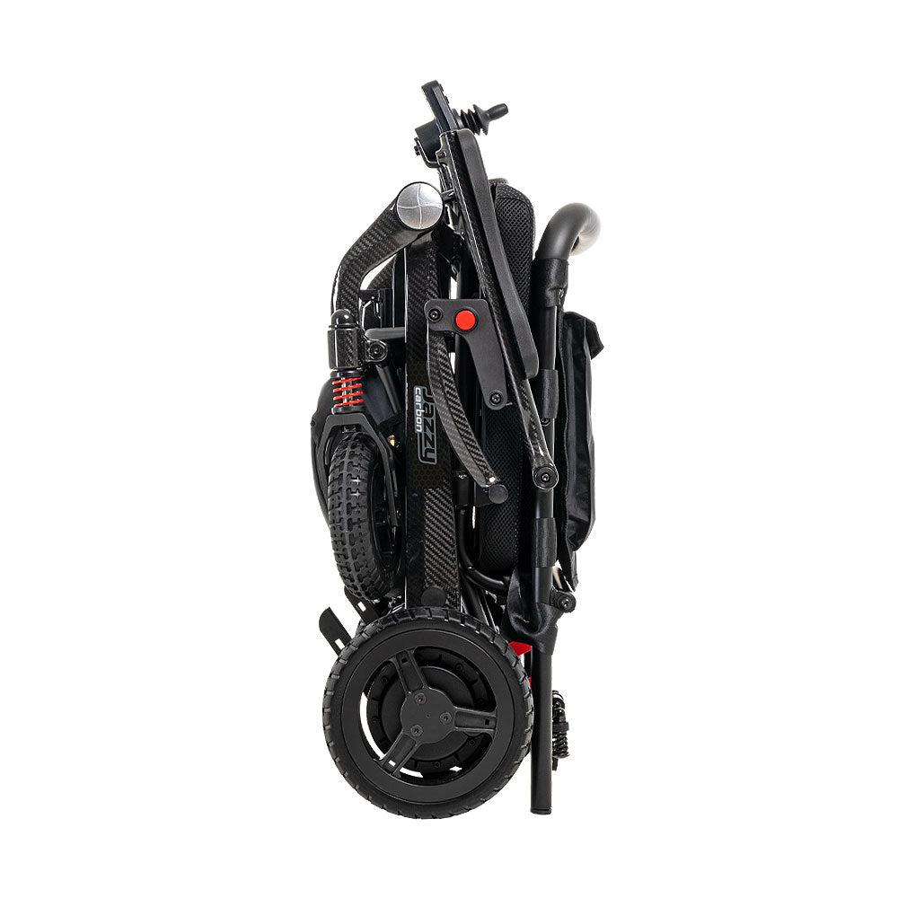 Folded Pride Jazzy Carbon lightweight foldable mobility scooter with black frame and wheels