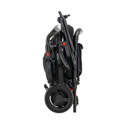 Folded Pride Jazzy Carbon lightweight foldable mobility scooter with black frame and wheels