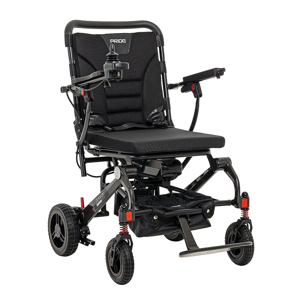 Pride Jazzy Carbon lightweight electric wheelchair with black cushioned seat and joystick control