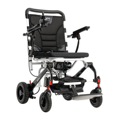 Pride Jazzy Carbon lightweight powered wheelchair with black cushioned seat and adjustable armrests