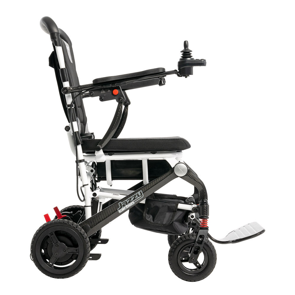 Pride Jazzy Carbon lightweight power wheelchair with joystick control and carbon fiber frame in black and white