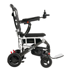 Pride Jazzy Carbon lightweight power wheelchair with joystick control and carbon fiber frame in black and white