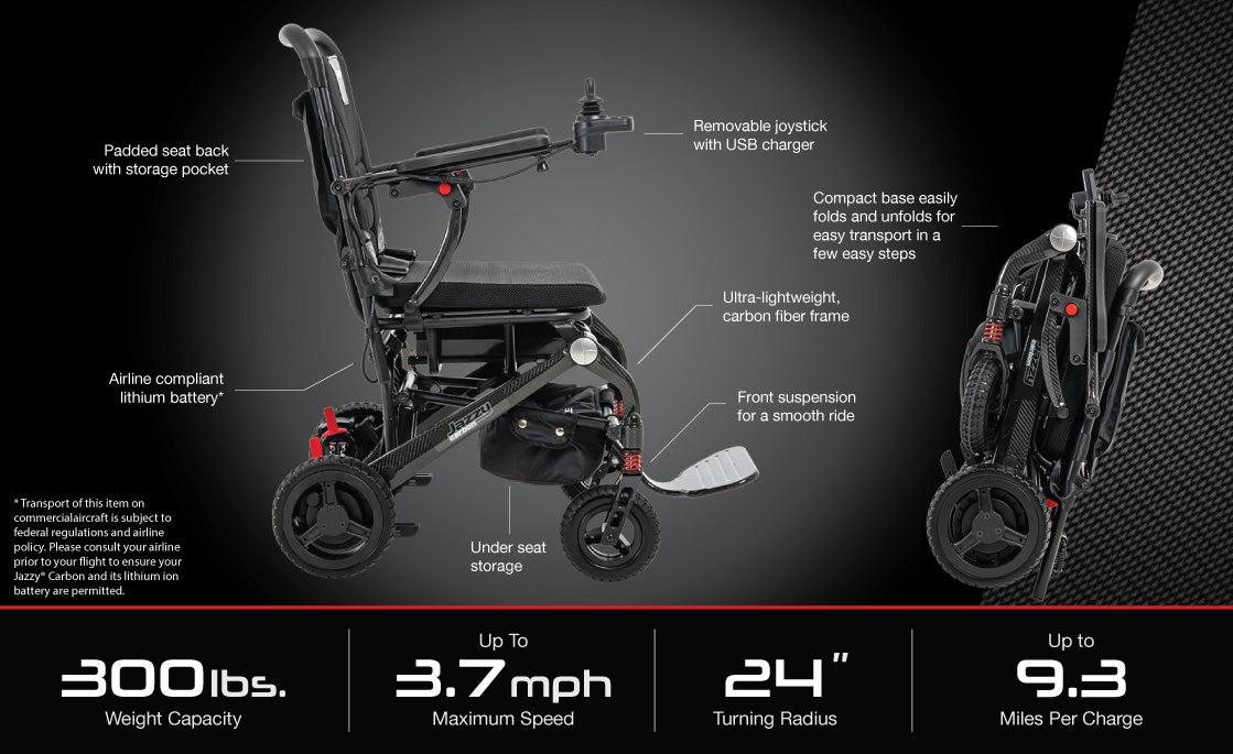 Pride Jazzy Carbon electric wheelchair with ultralight carbon fiber frame and removable joystick