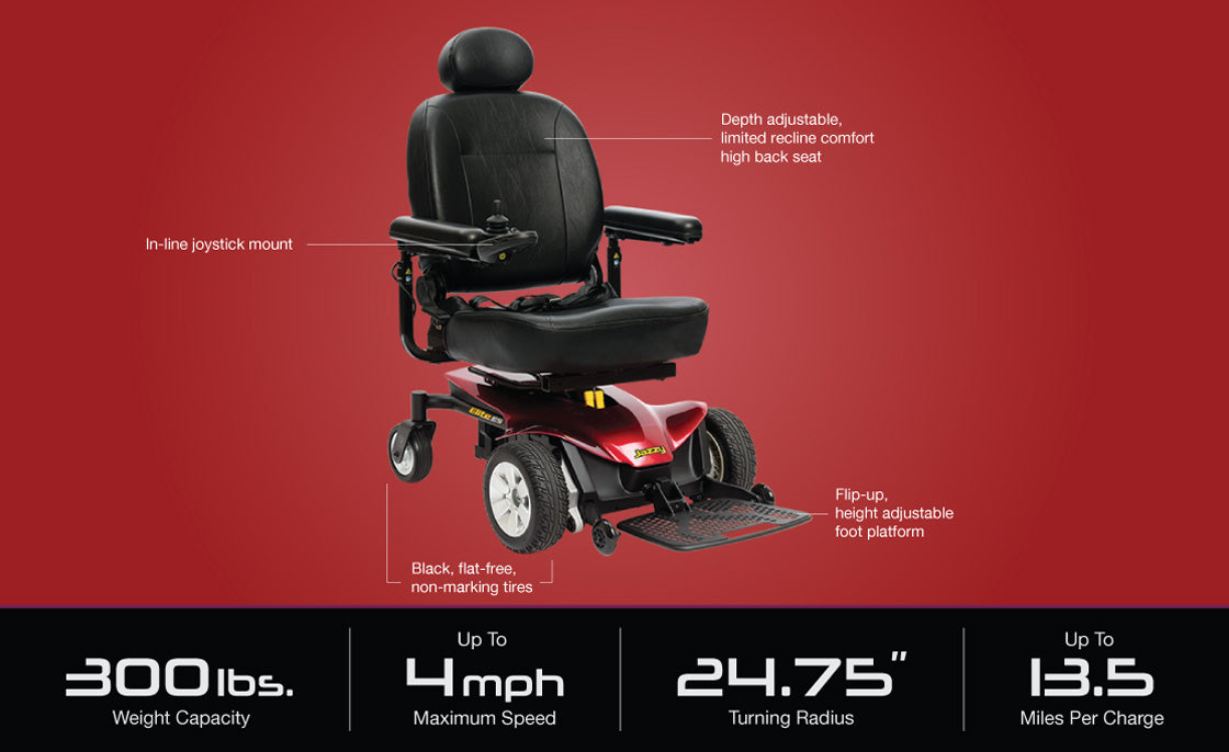 Pride Jazzy Elite ES Compact Power Chair in red with adjustable high back seat and joystick control