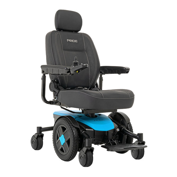 Pride Jazzy EVO 613 power wheelchair with black seat and blue base by Pride Mobility