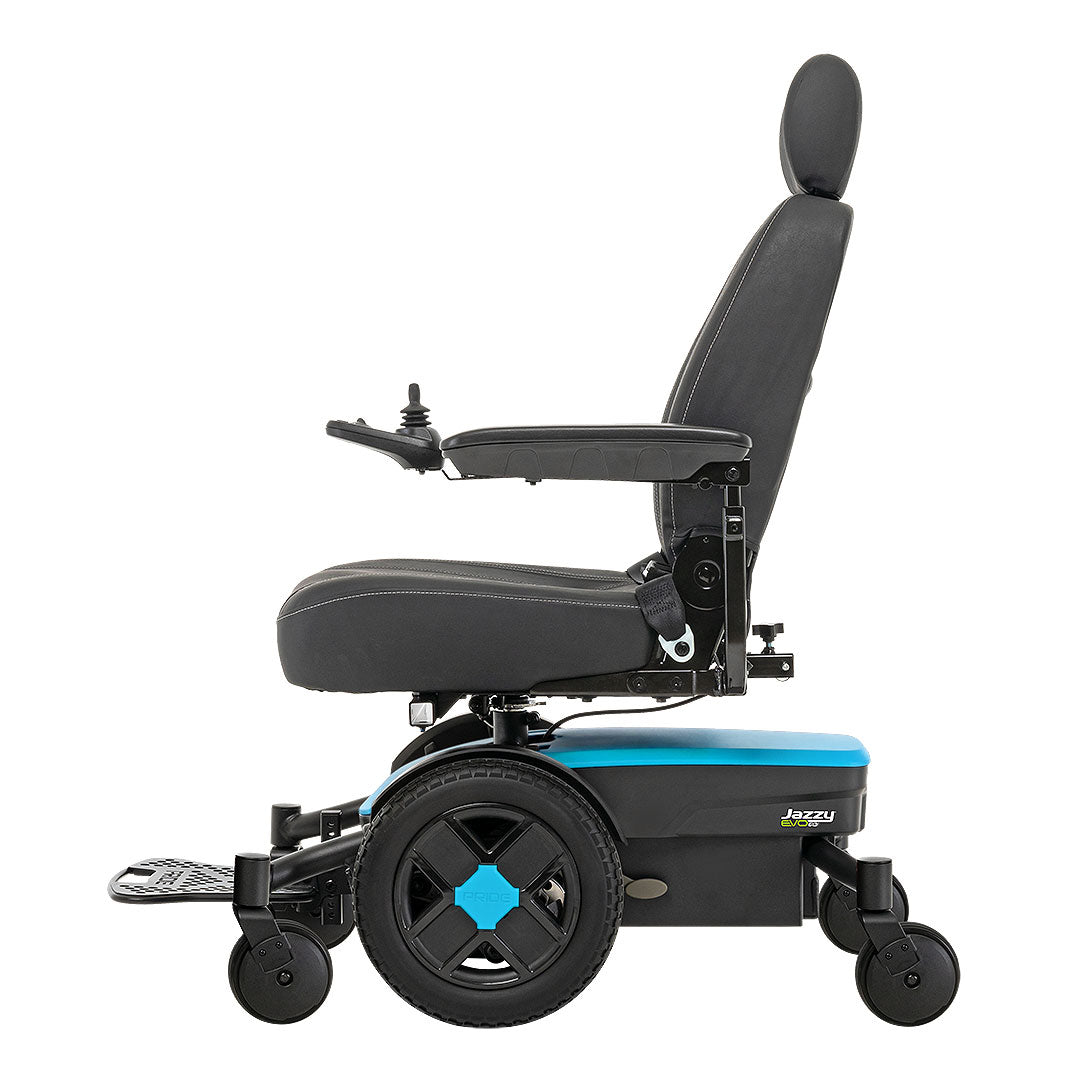 Side view of Pride Jazzy EVO 613 motorized wheelchair with black seat and blue base